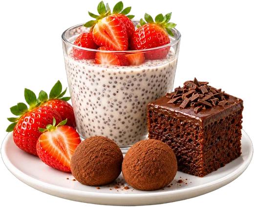 Prato de doces: pudim de chia com morangos, brigadeiros de cacau e pedaço de bolo de chocolate