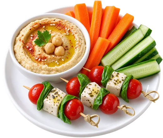 Prato de petiscos com homus, palitos de cenoura e pepino e espetinhos de tomate, queijo e manjericão