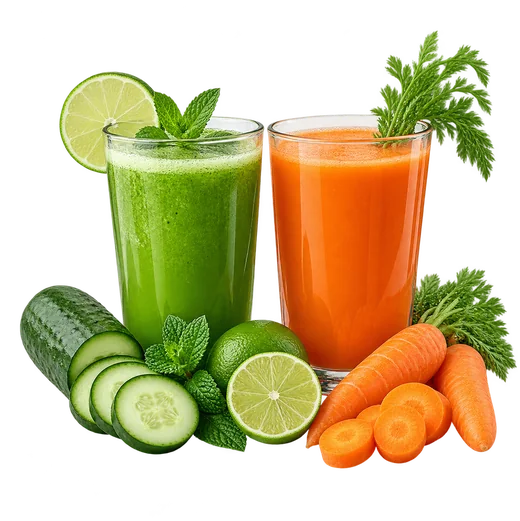 Dois copos de suco natural, um verde de pepino com limão e hortelã e um de cenoura